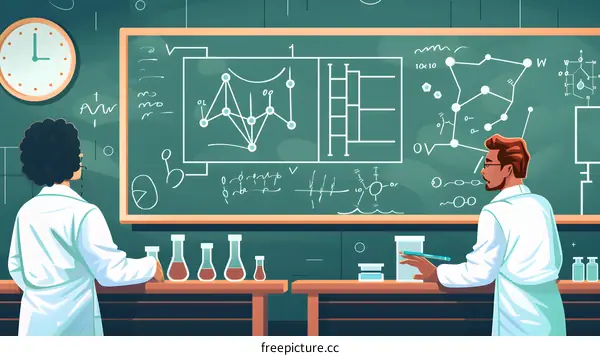 Two Scientists Working In A Lab With A Chalkboard