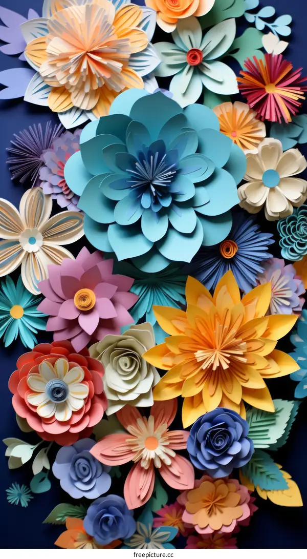 A variety of paper flowers of different colors are arranged together to form a bouquet.
