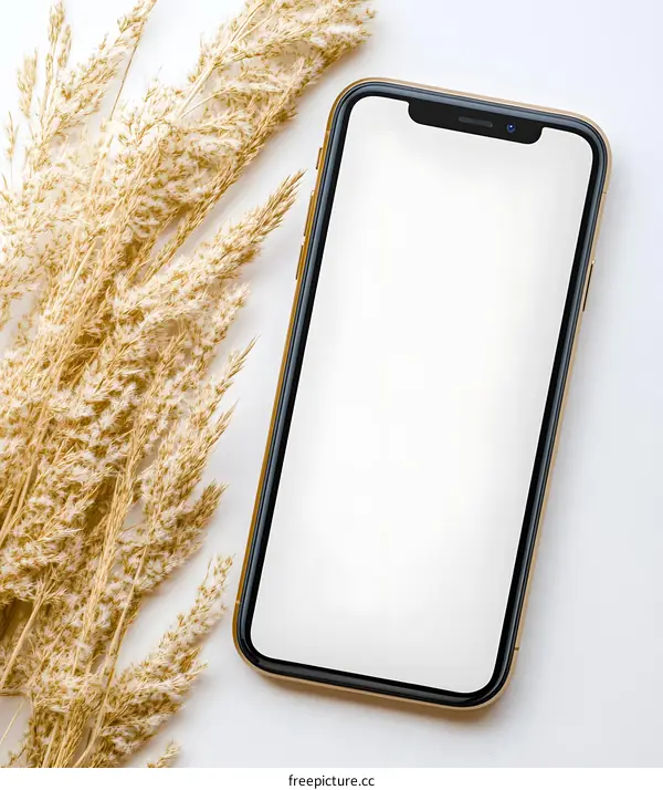 White Background With Phone and Dried Grass