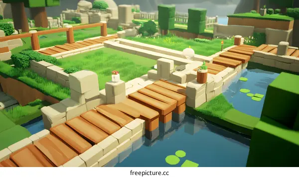 Low Poly Bridge Over River In Game