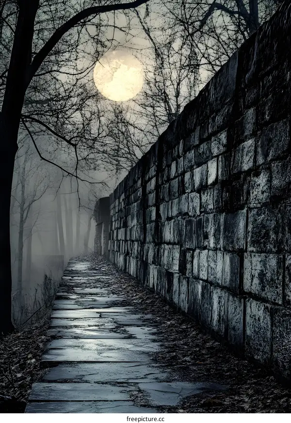 Stone Wall Path and Full Moon in Foggy Forest