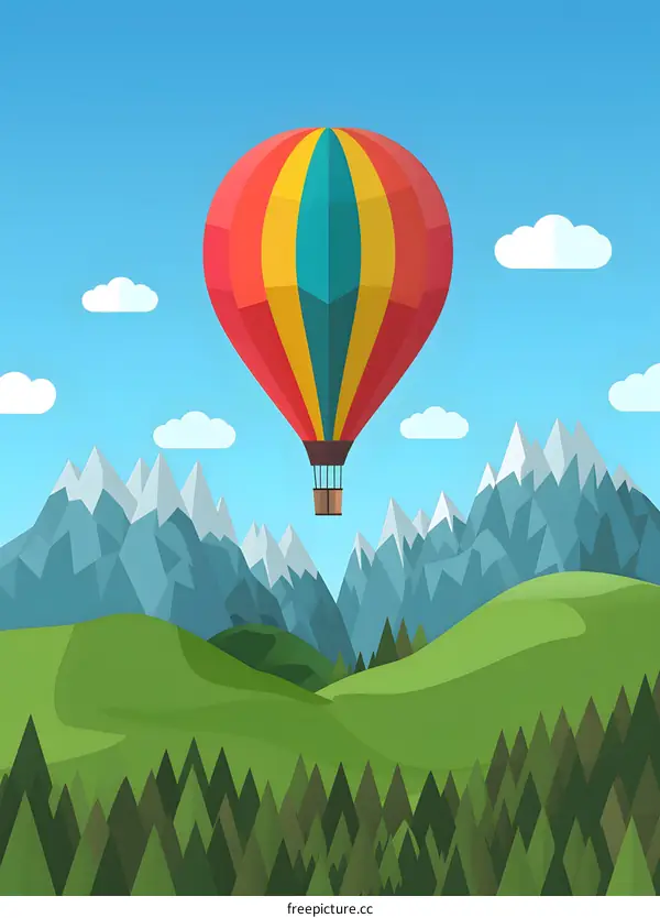 Hot Air Balloon Flying Over Mountains And Forest