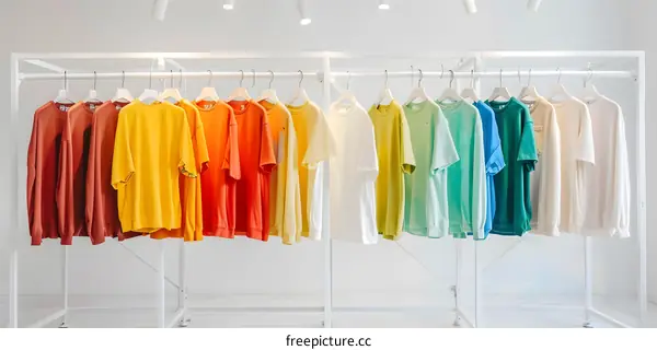Rainbow Colored T Shirts On A White Rack