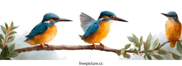 Three Kingfisher Birds on a Branch Illustration