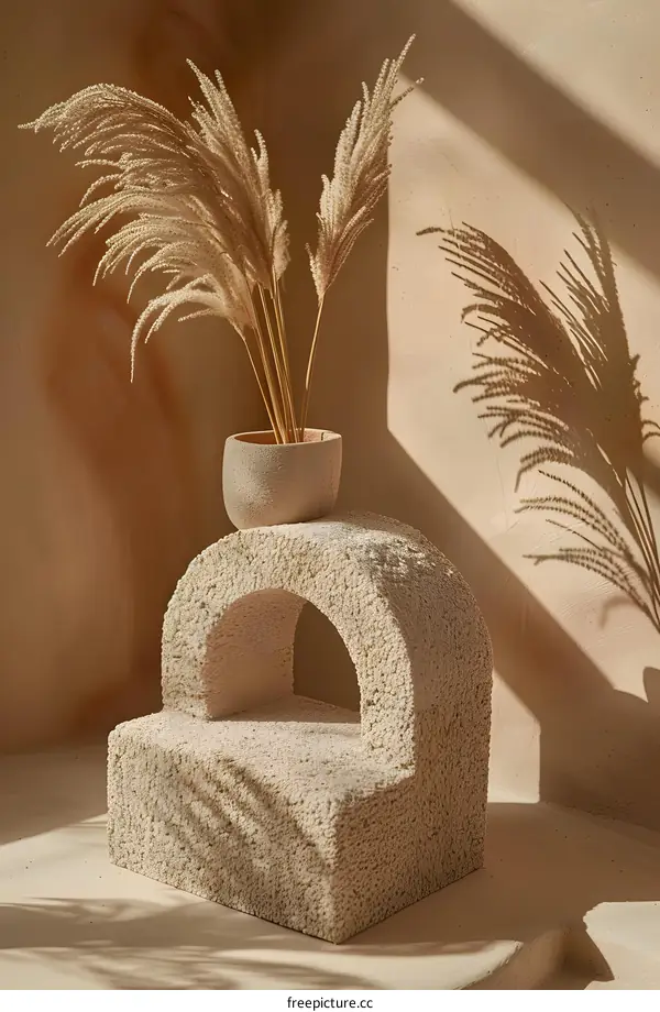 Minimalist Interior Design with Pampas Grass and a Stone Arch