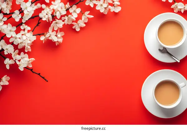 White Flowers and Coffee Cups on a Red Background