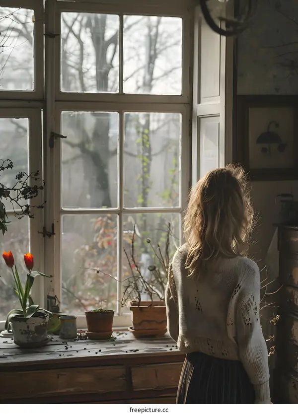 A woman standing in front of a window looking out at the woods
