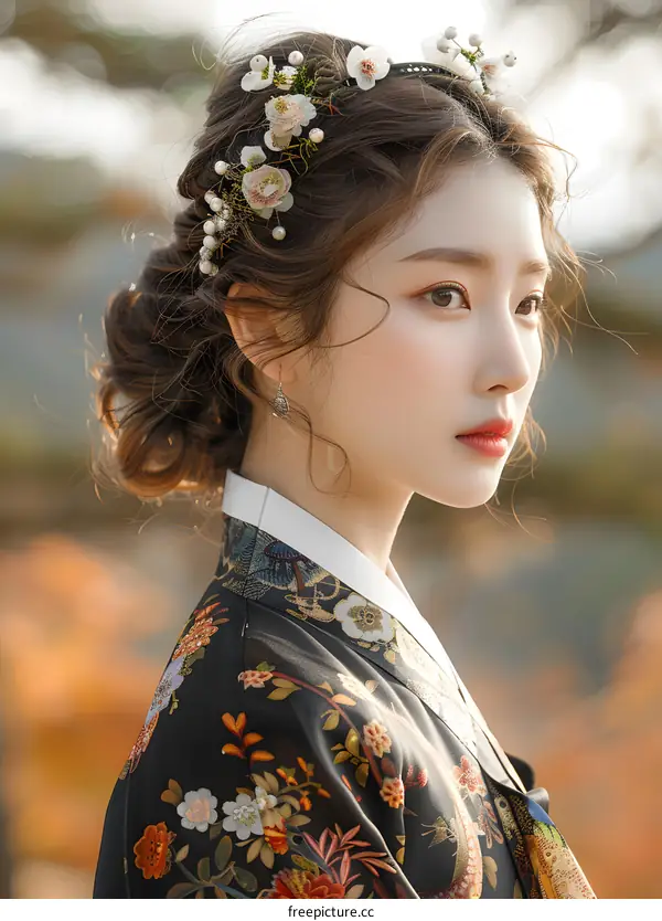 Portrait of a beautiful young Korean woman in traditional Hanbok dress
