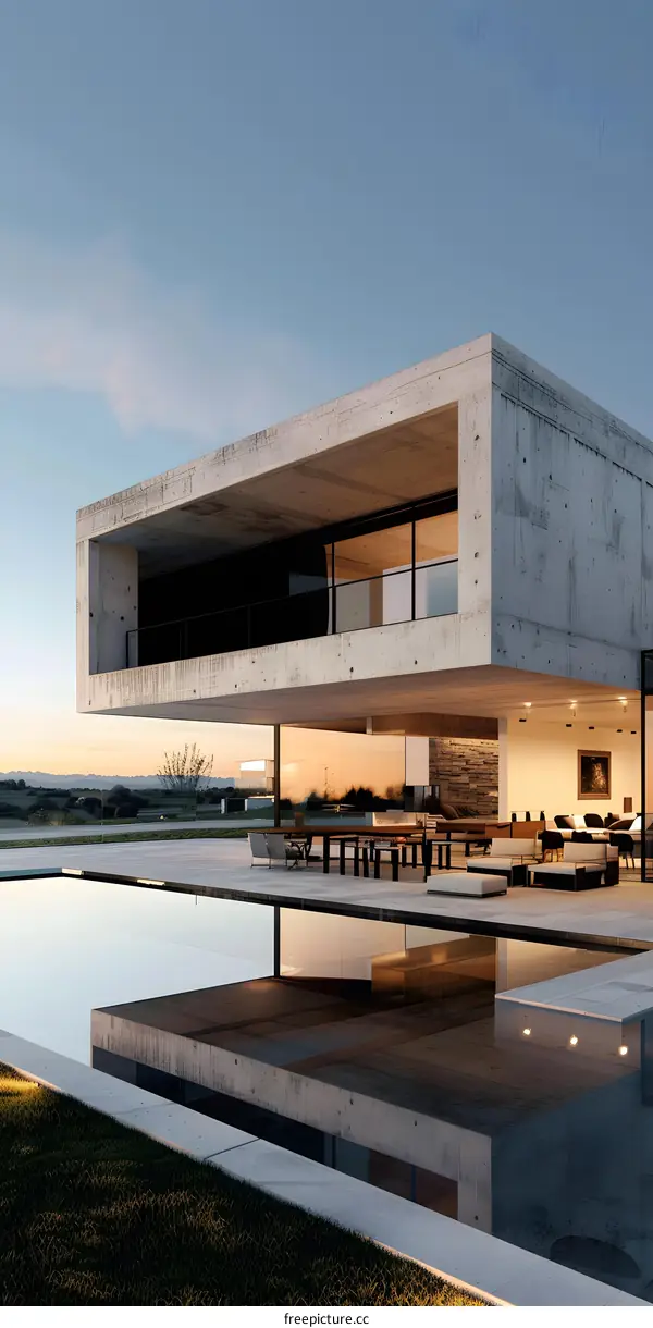 Modern Concrete House with Infinity Pool and Sunset Sky
