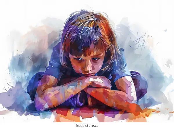 watercolor painting of a sad looking girl