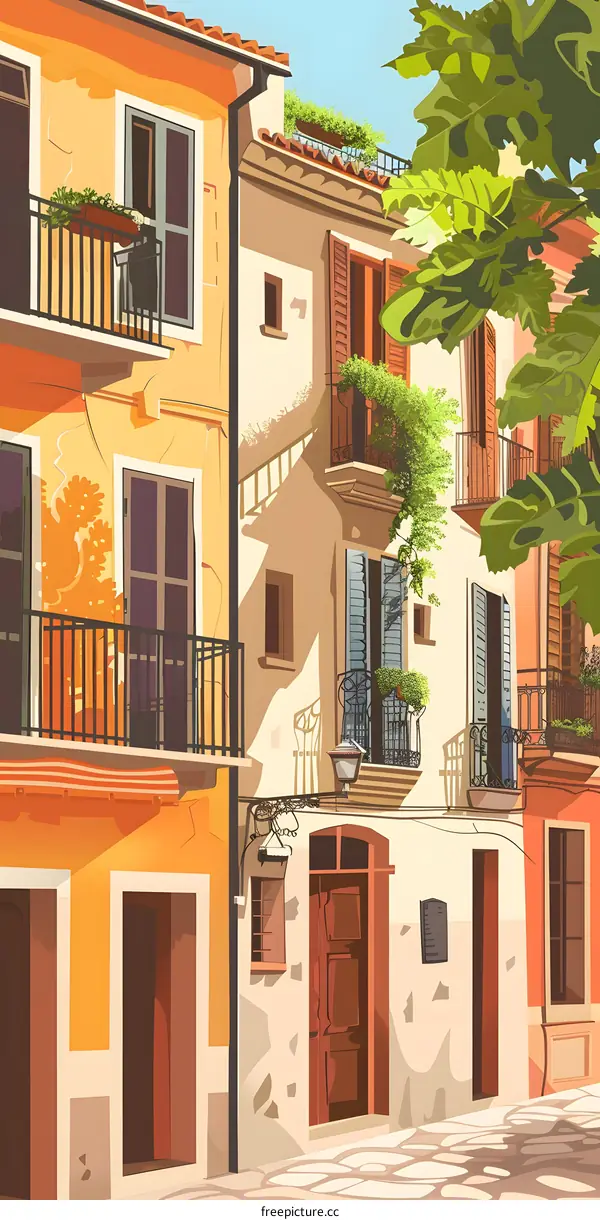 Beautiful European Street Illustration With Buildings and Balconies
