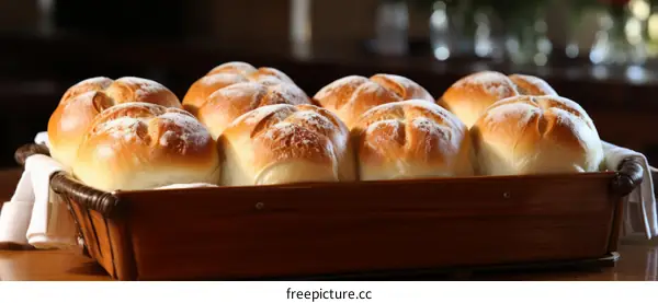 A wooden basket filled with freshly baked bread rolls