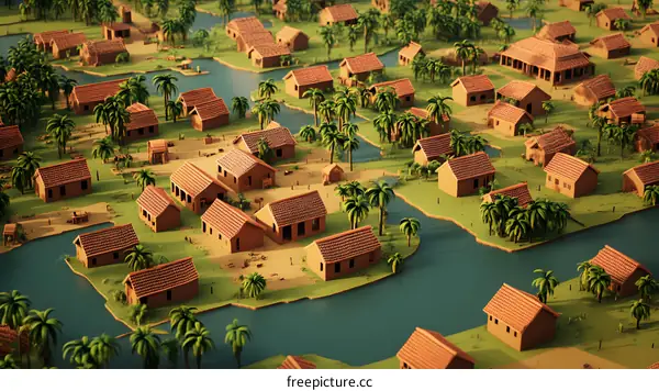 Aerial View of a Village with Red Roofs and Palm Trees