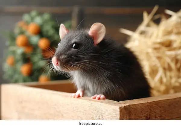 Cute Rat in Wooden Crate with Decorative Background