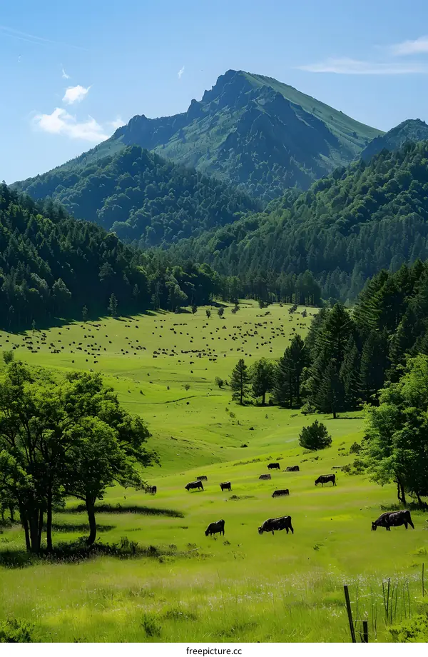 Cows grazing in a lush green alpine pasture with a mountain in the distance