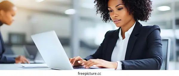 African American Businesswoman Working On Laptop In Office