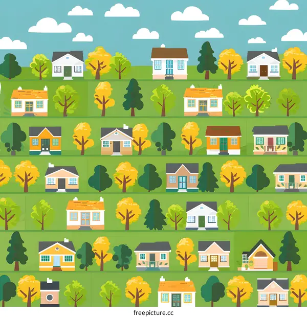Colorful Cartoon Illustration Of A Suburbia Neighborhood With Green Trees And Houses