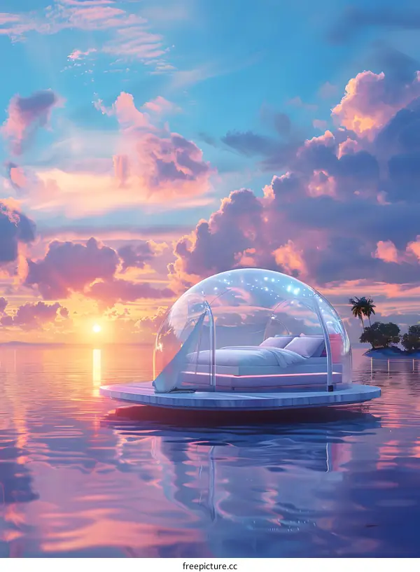 Floating Bed Dome Under a Pink Sunset