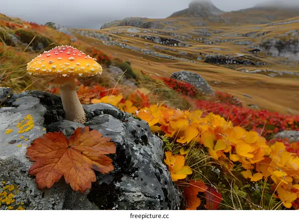 red mushroom on rock with autumn leaves and mountain landscape in background