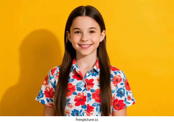 Portrait of young girl with long straight hair and colorful floral shirt