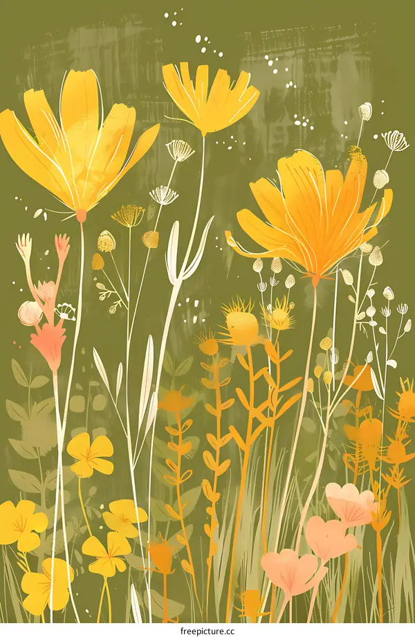 Yellow and Green Wildflowers on a Green Background