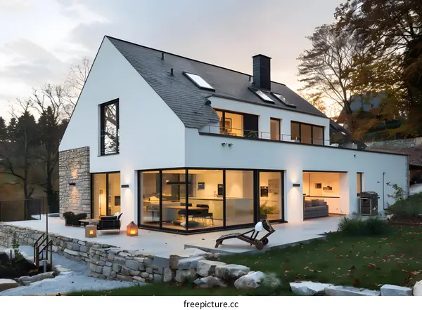 Modern White House With Large Windows and Patio