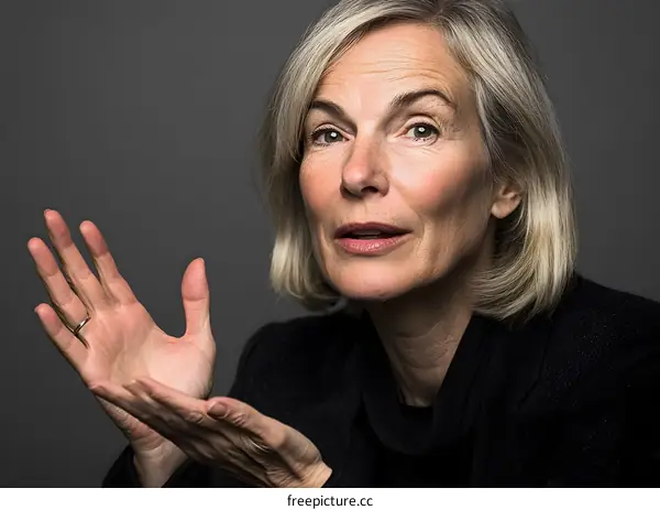 Portrait of a mature woman with gray hair, wearing a black blazer and looking at the camera
