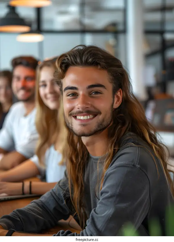 Smiling Young Man with Long Hair in a Group of Friends