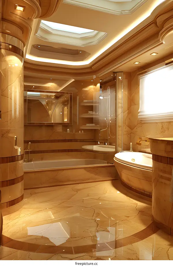 Luxury Bathroom Interior Design With Marble Walls And Bathtub