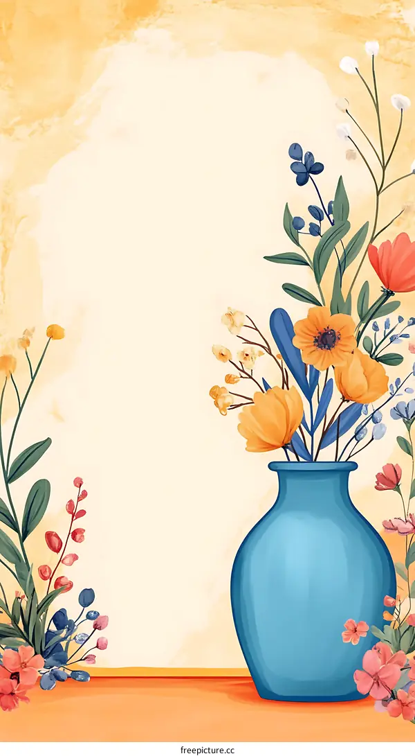 Watercolor Floral Background with Blue Vase