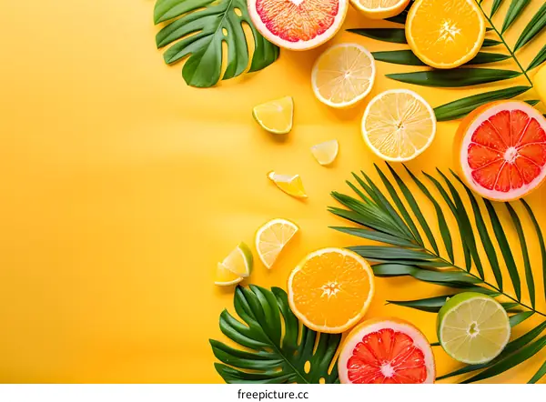 Summer Fruit Background With Palm Leaves And Citrus Fruits