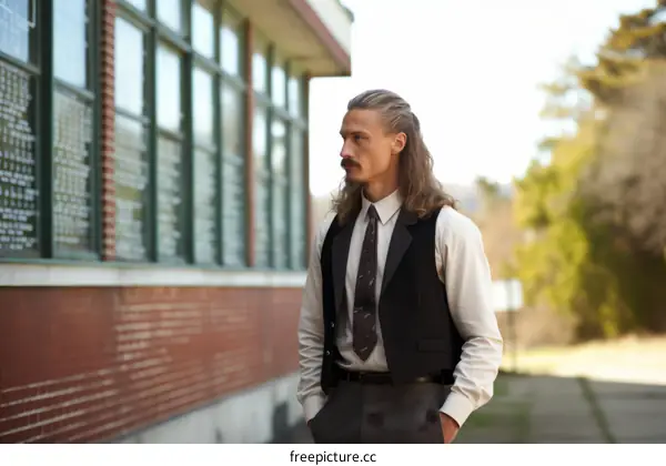 Man in a vest and tie standing outside a building