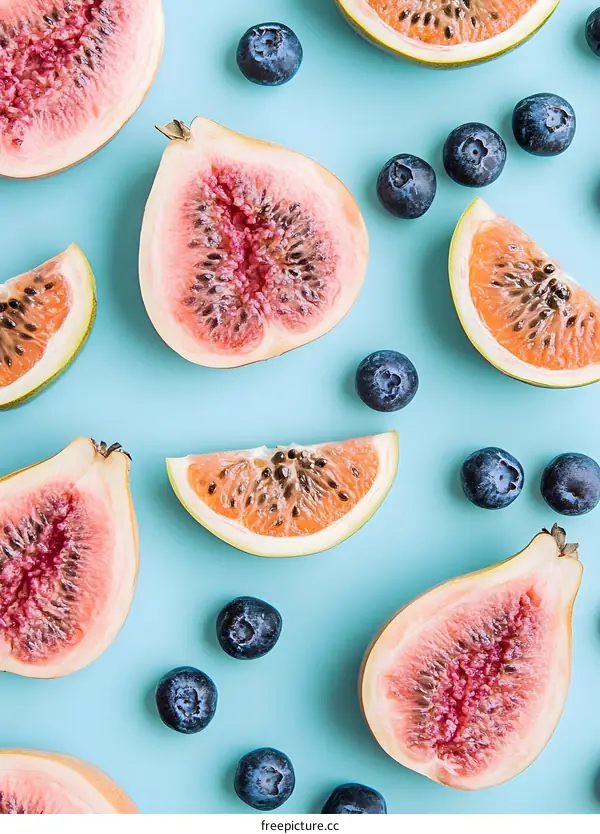 Fresh Figs and Blueberries on Blue Background