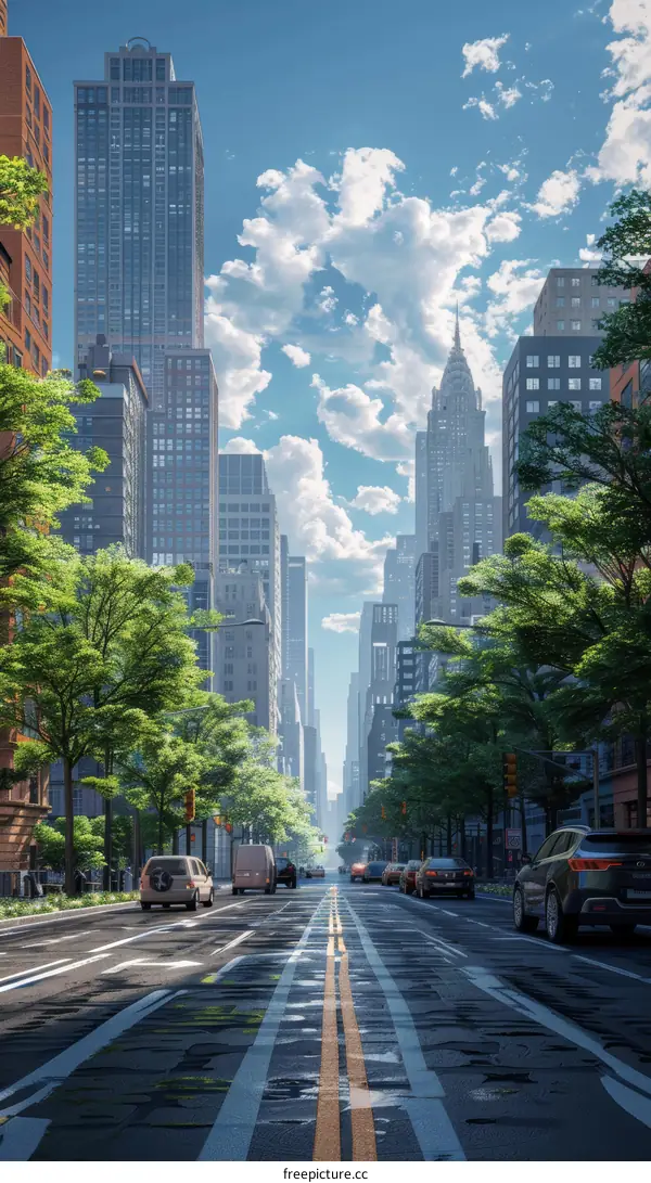 Urban Street Scene with Skyscrapers and Lush Trees