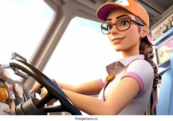 A smiling young woman wearing glasses and an orange cap is driving a vehicle.