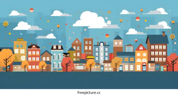 Colorful Cityscape Illustration with Houses and Hot Air Balloons