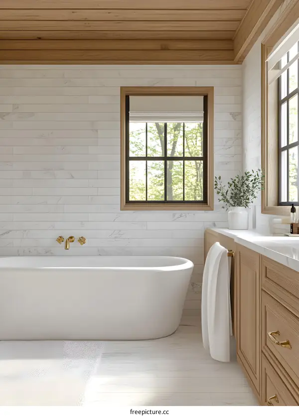 Modern Bathroom Interior Design with White Tub and Wooden Cabinets