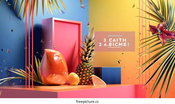 Tropical Fruit Still Life with Geometric Shapes and Palm Leaves