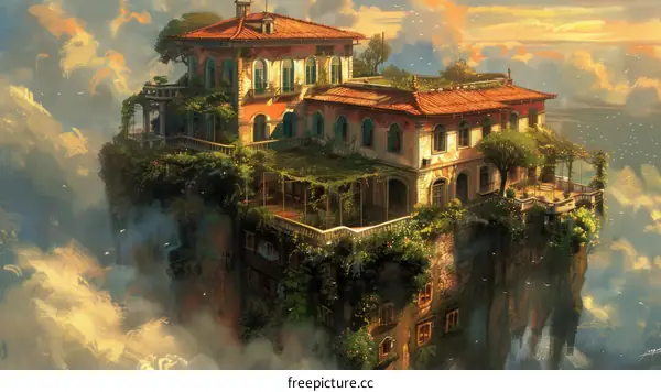 Surreal Floating House in the Clouds