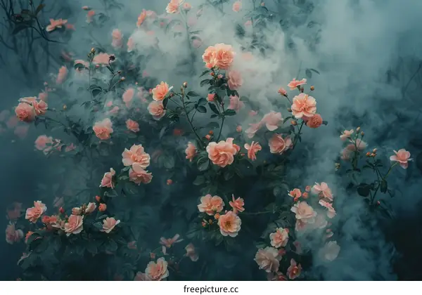 Ethereal Pink Rose Blooms amidst Misty Garden Haven