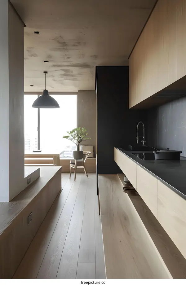 Minimalist Kitchen Interior Design with Wooden Cabinets and Black Countertop