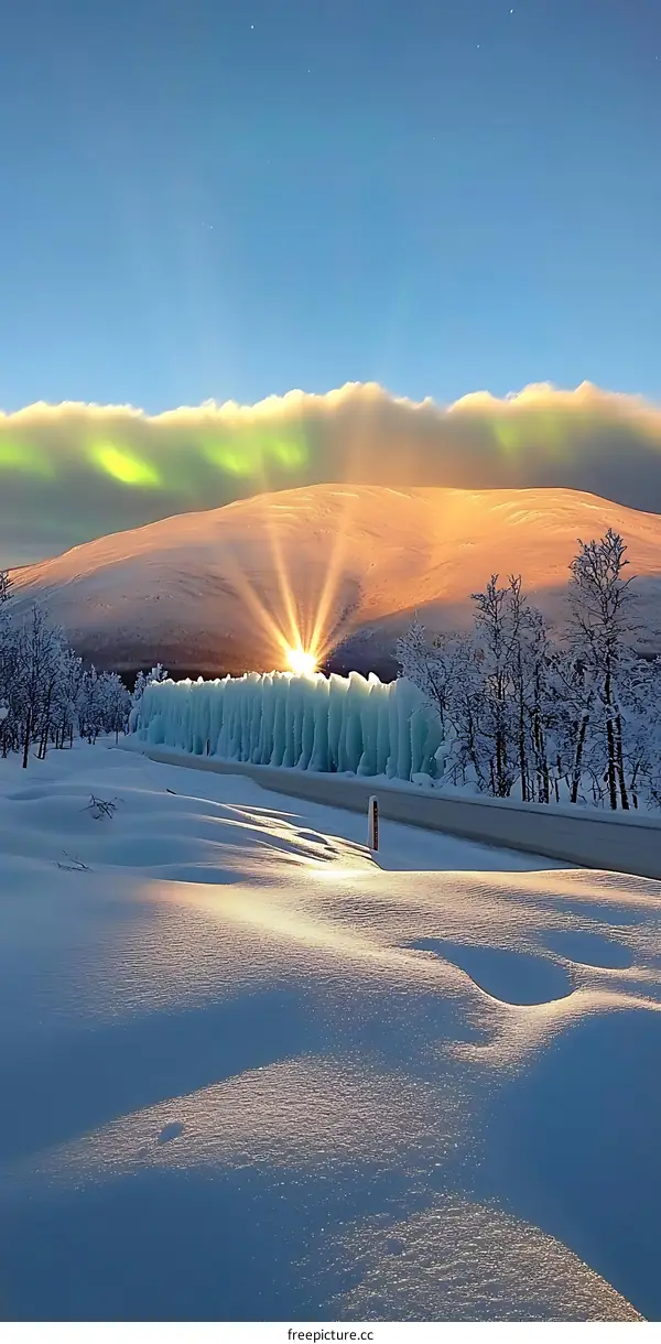 Sunrise Over Snowy Mountain Range with Northern Lights