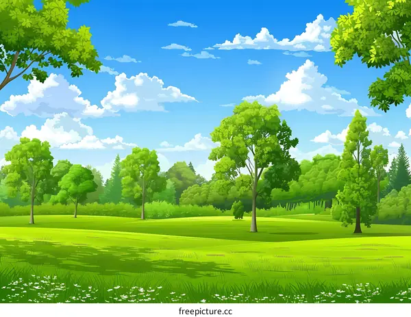 Green Meadow With Lush Trees and Blue Sky