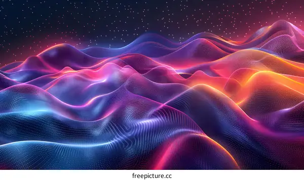 Wavy terrain illuminated by multiple colored lights.