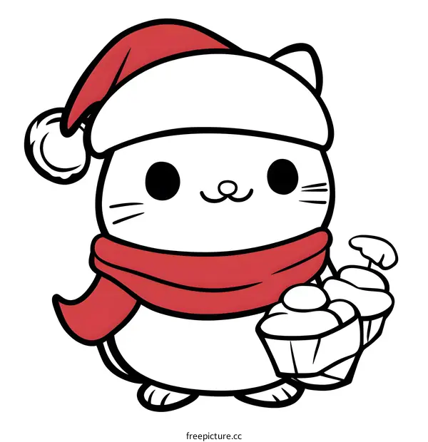 Cute Cat Wearing Santa Hat and Scarf Holding a Gift Box
