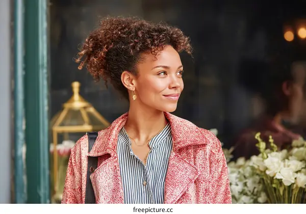 A young woman with curly hair wearing a pink coat standing outdoors