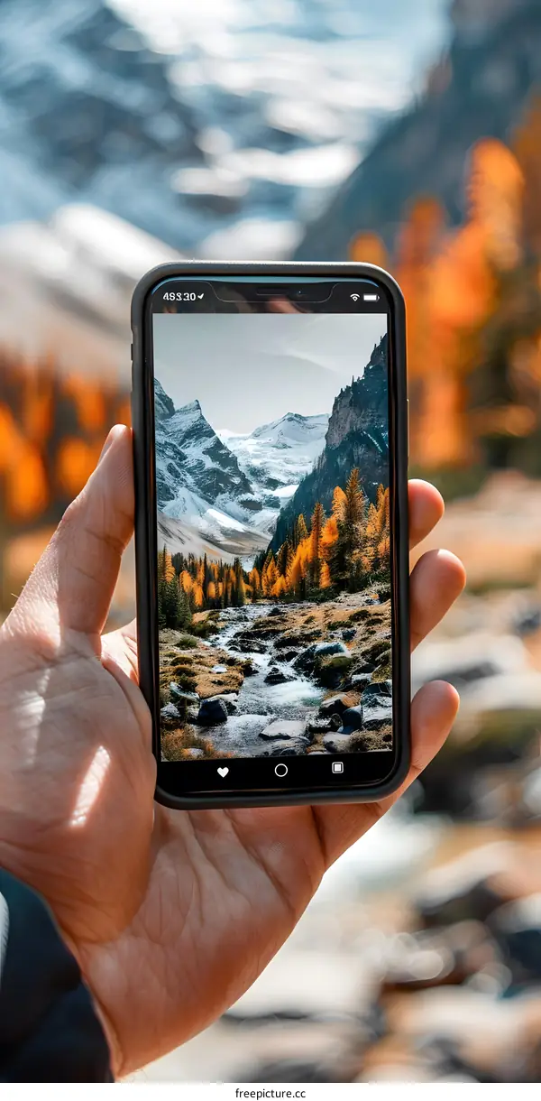 Person Holding Smartphone with Mountain Landscape Photo