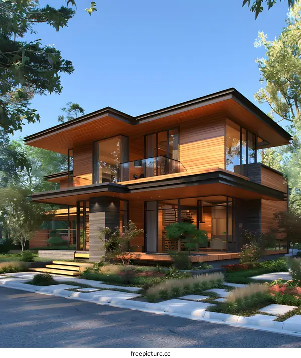 A modern two-story house with a wooden exterior and large windows