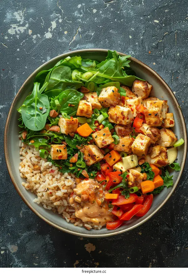 Vegan tofu rice bowl with vegetables