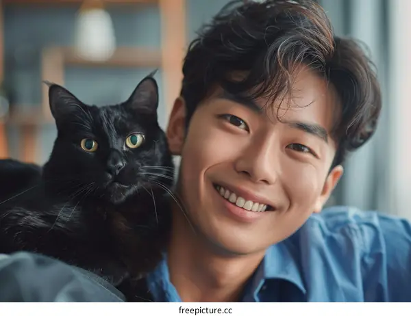 A young man with a black cat on his shoulder